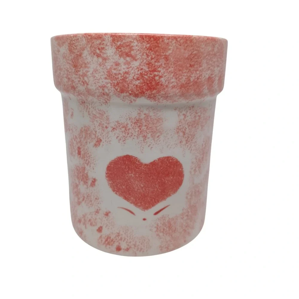 Pink Spongeware Heart Ceramic Planter Utensil Holder White Handmade 5.25in